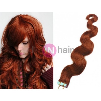 Vlasy pro metodu Pu Extension / TapeX / Tape Hair / Tape IN 50cm vlnité - měděná